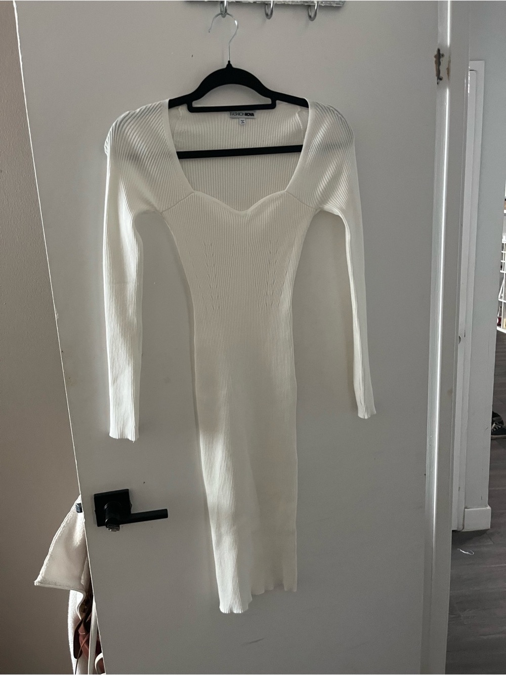 Fashion Nova Cream Ribbed Long-Sleeve Bodycon Dress